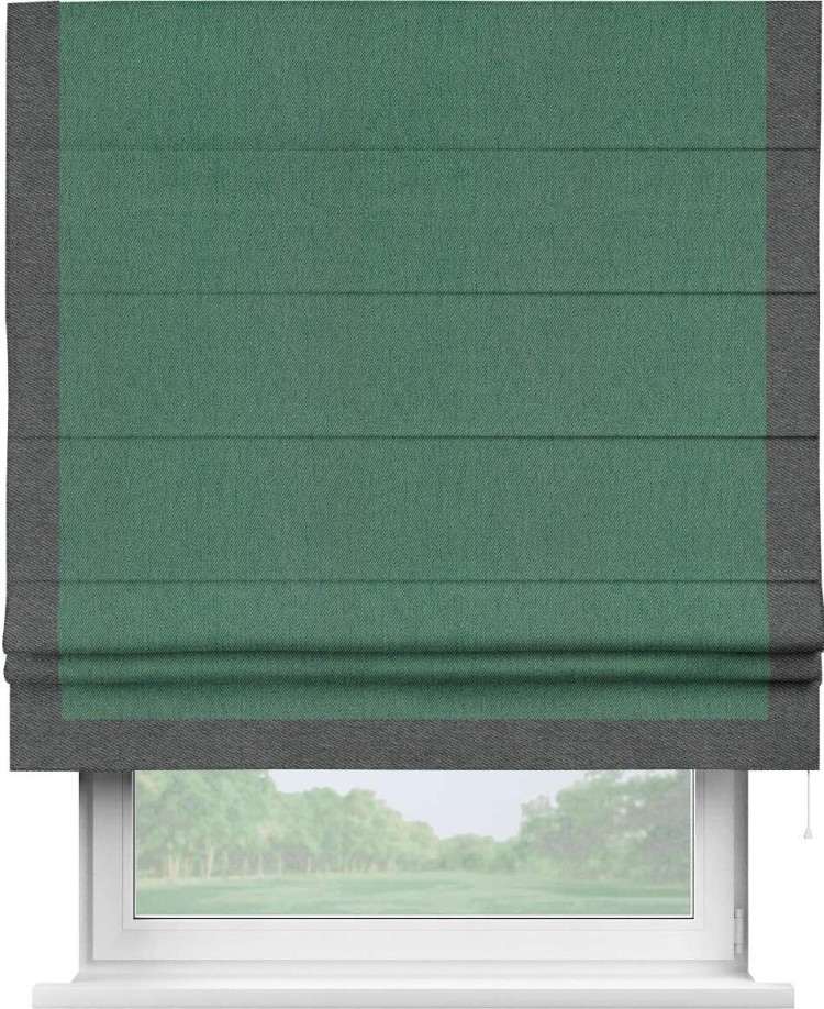 Римская штора «Кортин» с кантом Виктория, для проема, ткань твид блэкаут, зелёный